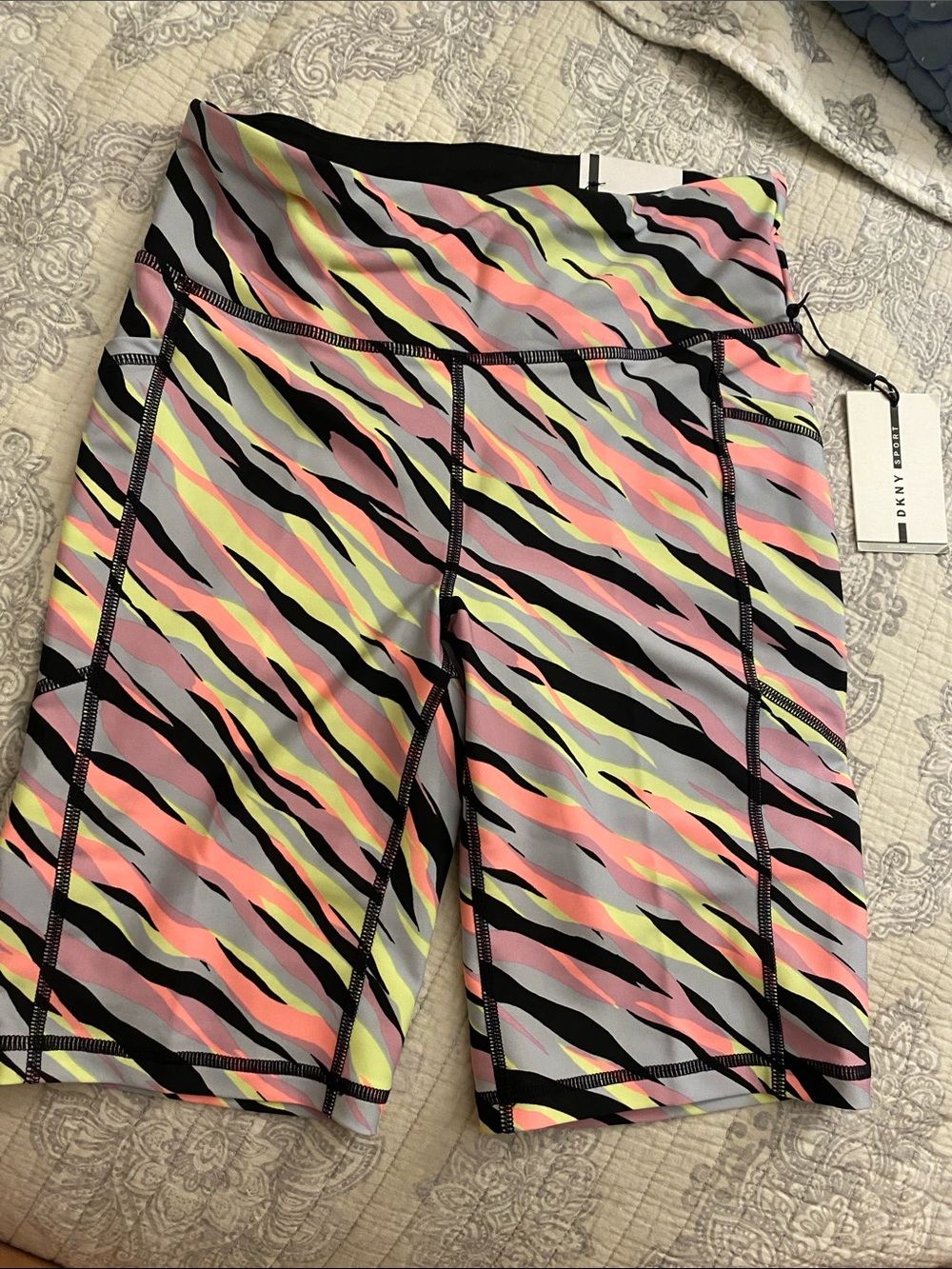 DKNY Neon Zebra-Print Bike Shorts in Pink, Yellow & Black